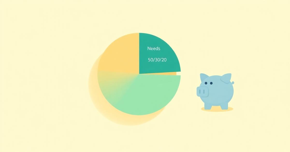 Flat illustration of three simple labeled jars — needs, wants, savings — sitting on a warm cream surface with teal accents, representing the 50/30/20 rule without spreadsheets.