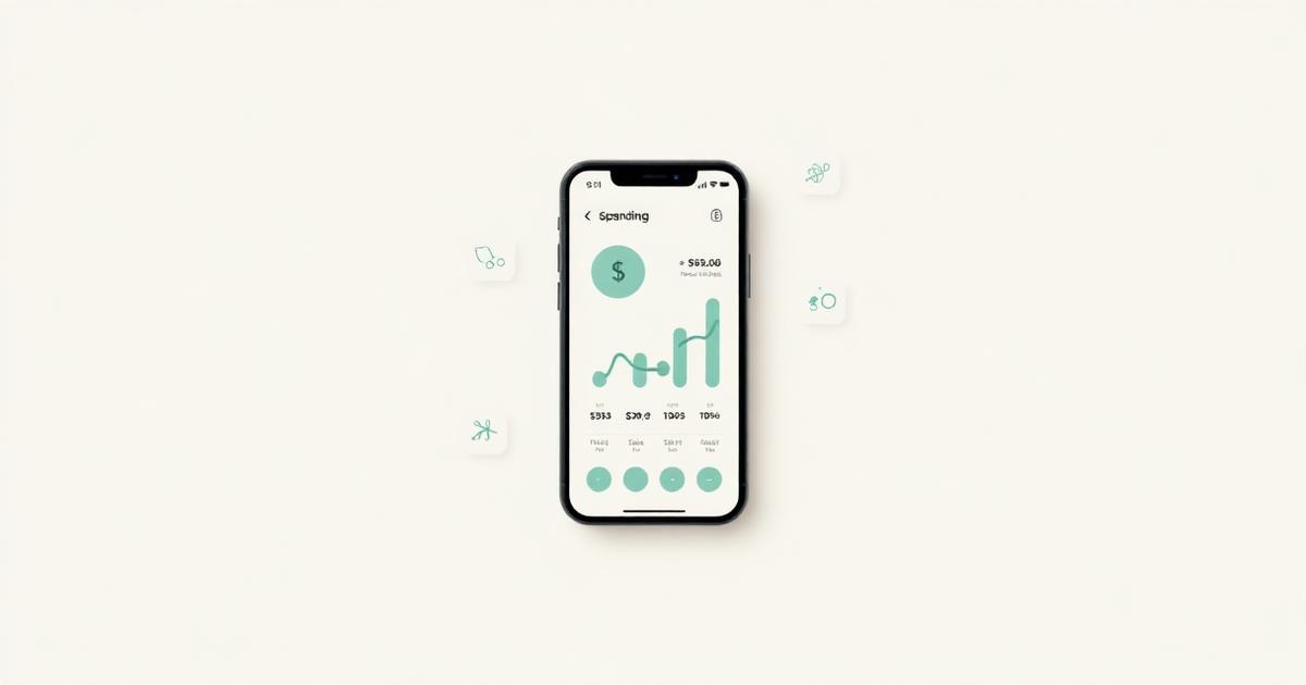 Illustration of a phone showing a spending chart surrounded by AI app tiles