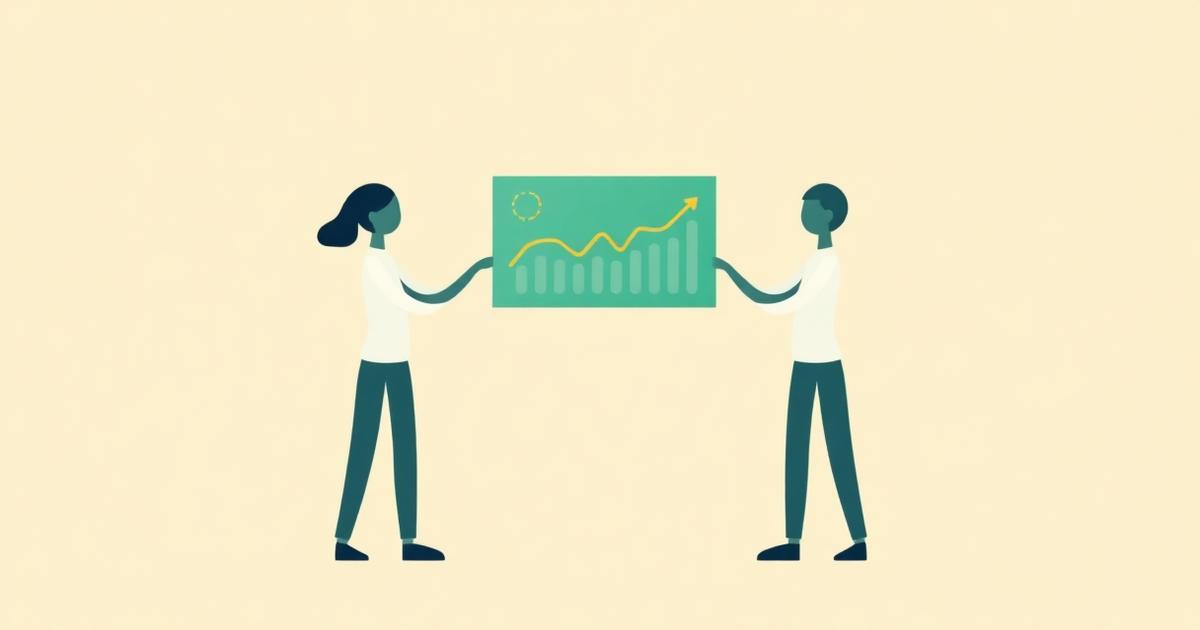 Flat editorial illustration of two people holding a shared teal financial dashboard between them on a warm cream background.