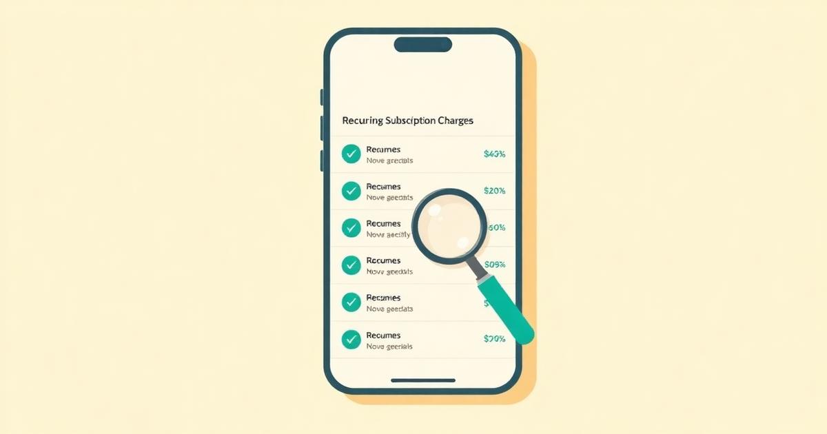 Flat illustration of a phone screen listing recurring subscription charges with a teal magnifying glass hovering over one row, on a warm cream background.
