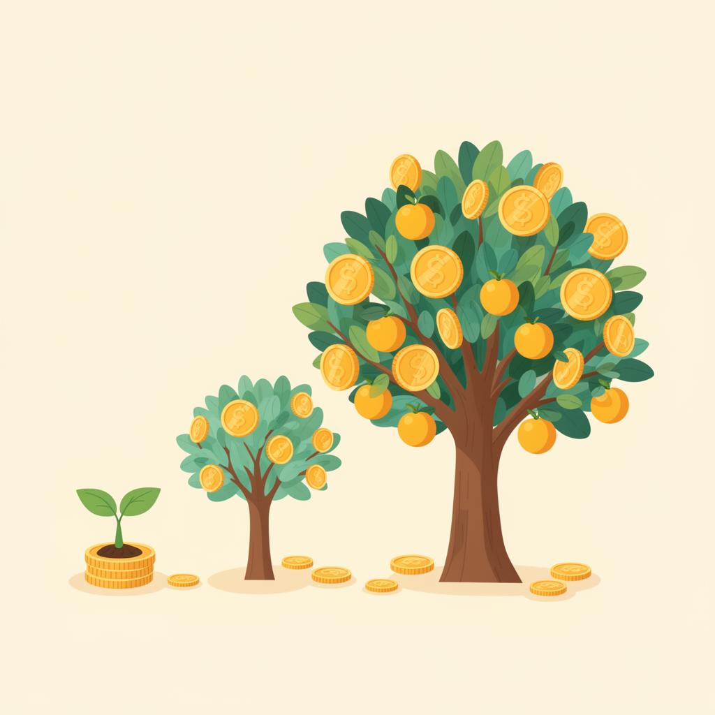 Flat illustration of a small snowball growing into a large rolling snowball as it moves down a gentle hill, with coins and green growth arrows, on a warm cream background with teal accents.