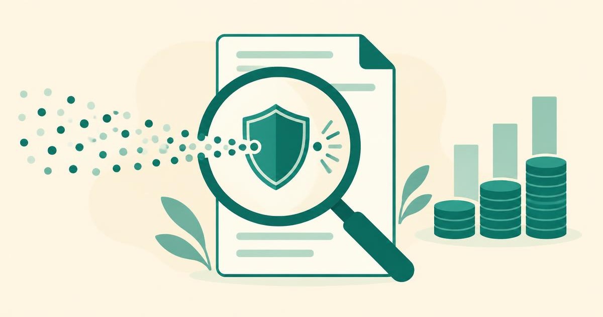 Flat editorial illustration of a magnifying glass over a document with a shield stopping a flow of data dots, beside stacked coins, on a warm cream background with teal accents.