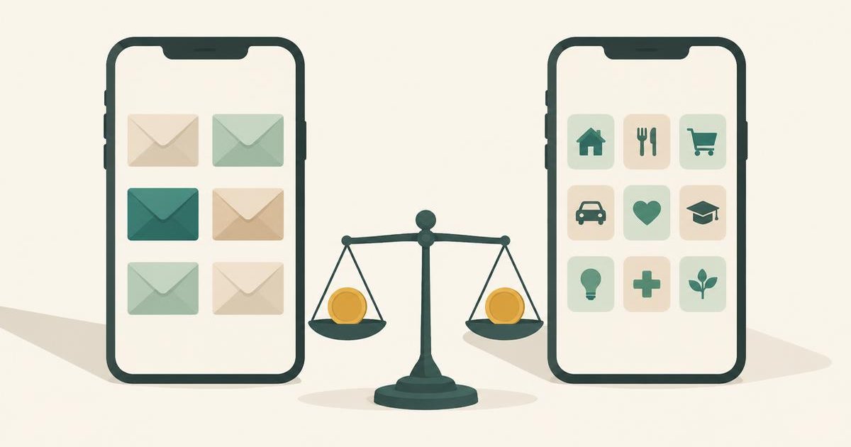 Flat editorial illustration of two phone screens side by side, one showing envelopes and one a budget grid, with a balance scale between them, on a warm cream background with teal accents.