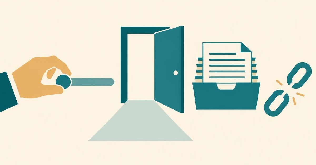 Flat editorial illustration of a hand moving a slider beside an open exit door, a transaction archive and a detached chain link, on a warm cream background with teal accents.
