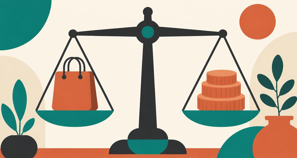 Flat editorial illustration of balance scales weighing a shopping bag against a stack of coins, on a warm cream background with teal accents.