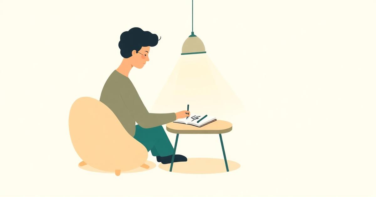 Calm illustration of a person sitting quietly beside a notebook with four written numbers