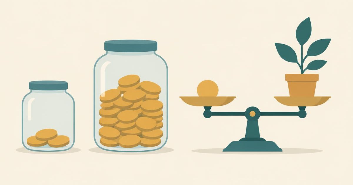 Flat editorial illustration of two coin jars and a balance scale weighing a coin against a growing plant, on a warm cream background with teal accents.