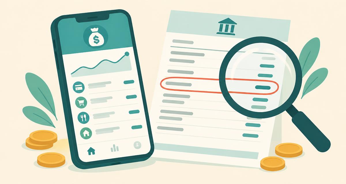 Flat editorial illustration of a smartphone showing a money app beside a bank statement with one circled charge under a magnifying glass, on a warm cream background with teal accents.