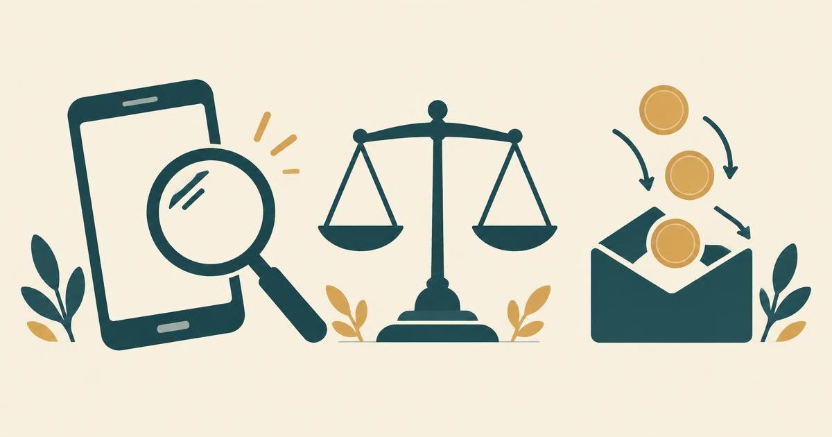 Flat editorial illustration of a magnifying glass inspecting a phone beside a justice scale and coins returning to an envelope, on a warm cream background with teal accents.
