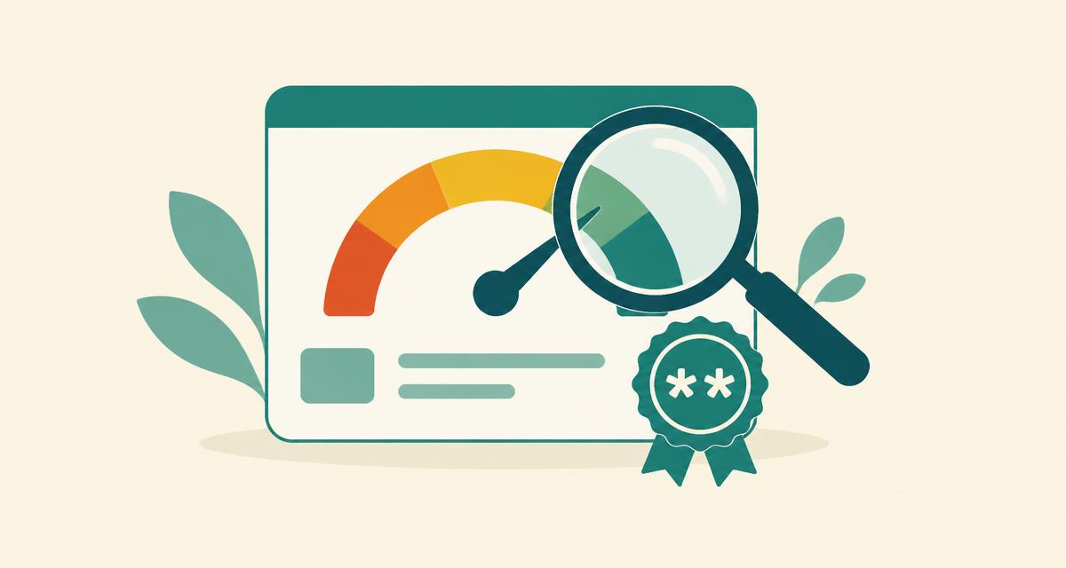 Flat editorial illustration of a credit score gauge under a magnifying glass, with a teal seal marked with two asterisks, on a warm cream background.