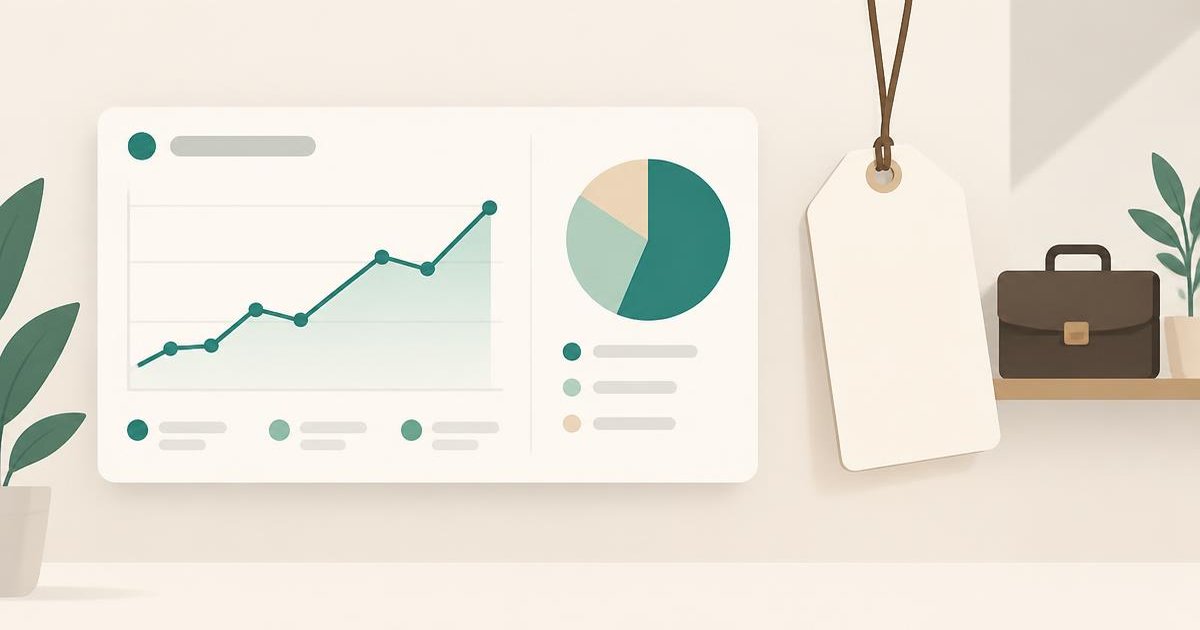 Flat editorial illustration of a finance dashboard with charts beside an empty price tag and a small briefcase, on a warm cream background with teal accents.