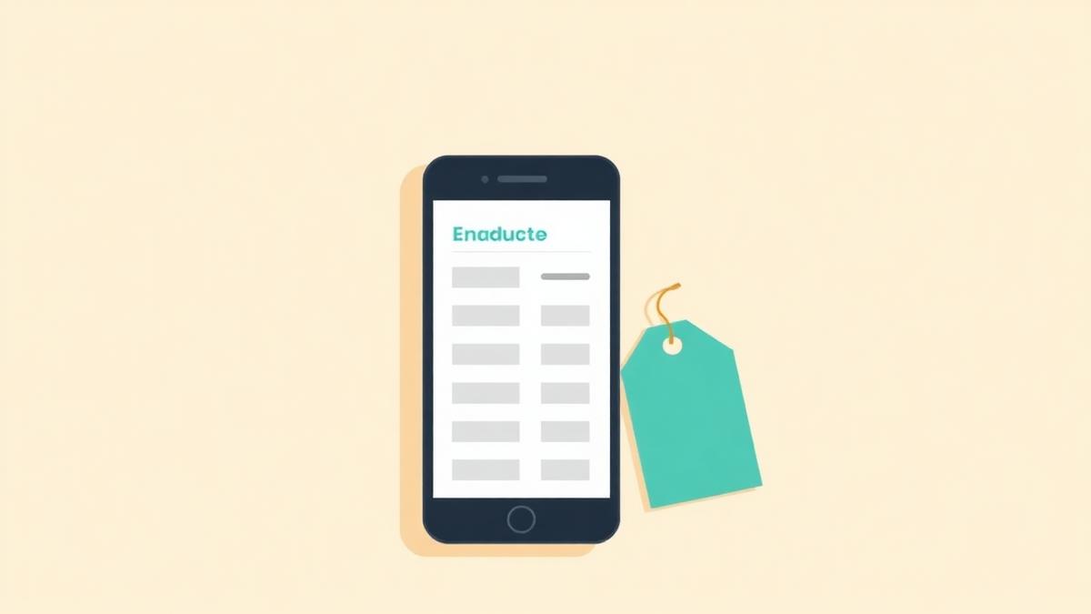 Flat illustration of a smartphone showing a simple budget category list beside a teal price tag, on a warm cream background.