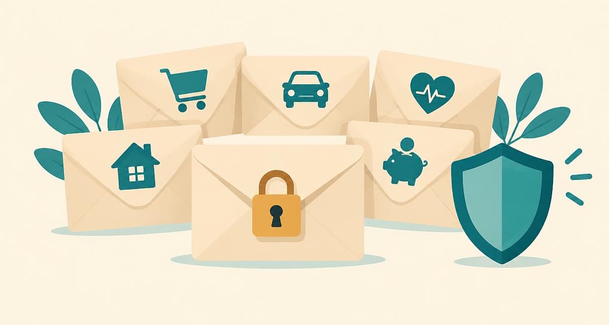 Flat editorial illustration of paper budgeting envelopes with simple icons, one sealed with a padlock and a shield beside them, on a warm cream background with teal accents.
