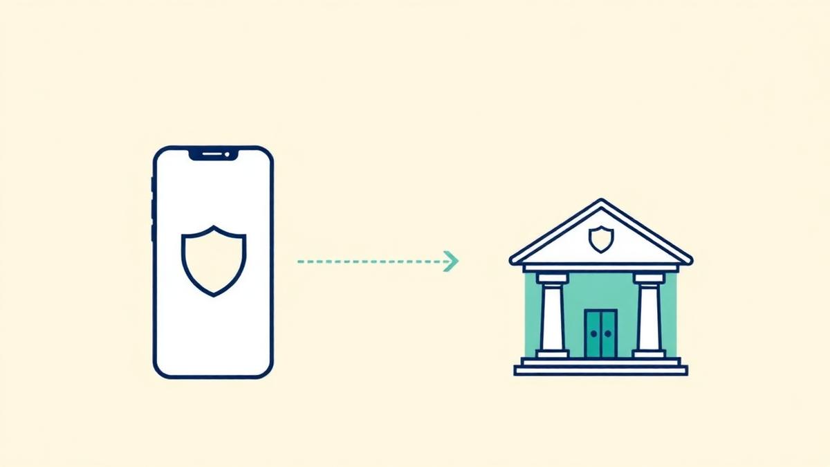 Flat editorial illustration of a phone with a shield icon connected by a dotted one-way arrow to a bank building, on a warm cream background with teal accents.