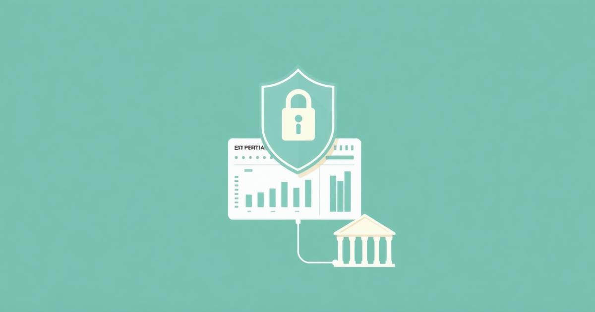 Flat illustration of a padlock shield over a finance dashboard linked securely to a bank