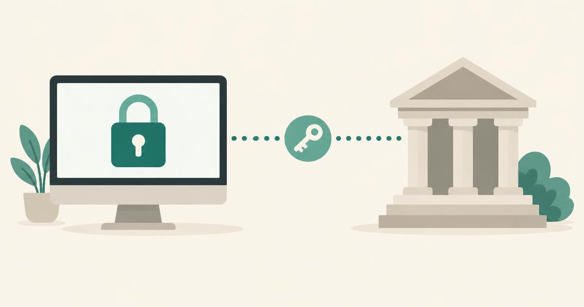 Flat editorial illustration of a desktop computer with a padlock connected by a dotted line to a bank building, with a key token between them, on a warm cream background with teal accents.