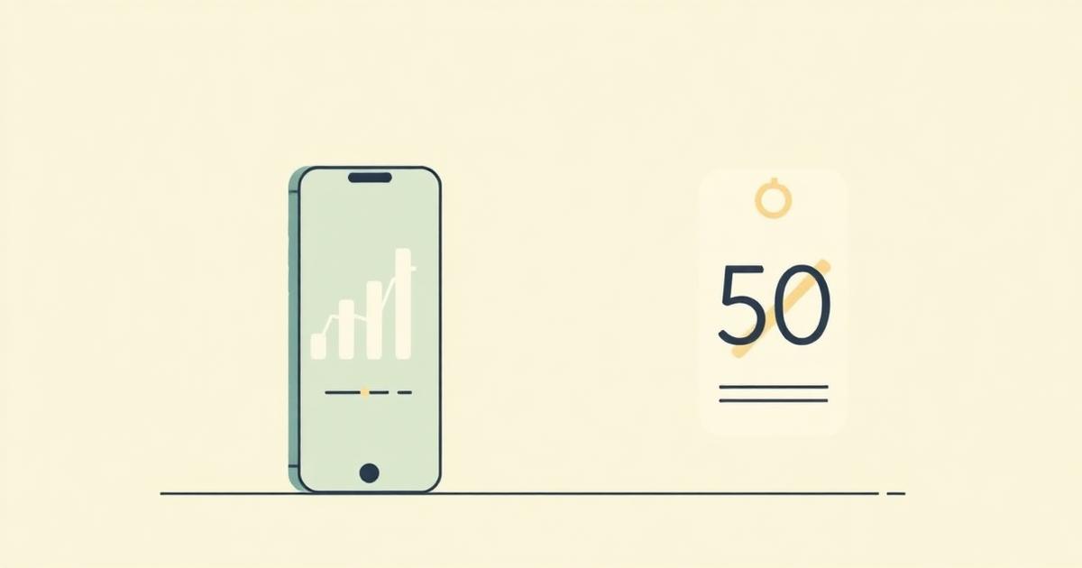 Illustration of a phone showing a spending chart next to a price tag with a crossed-out figure