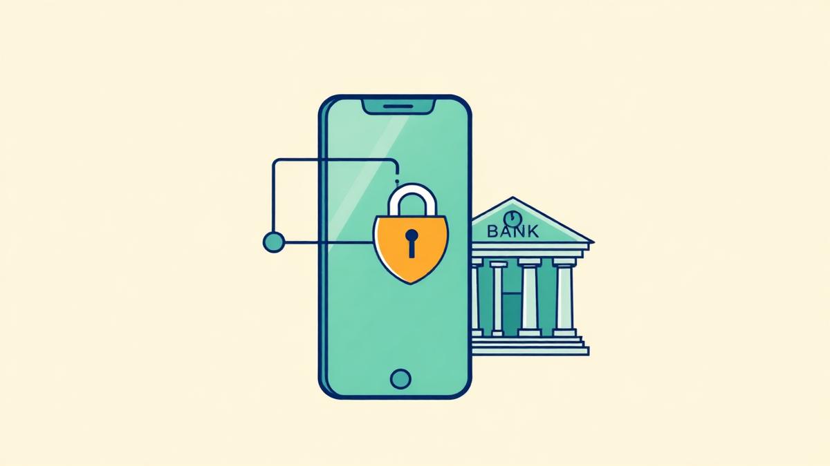 Flat illustration of a smartphone with a padlock shield linked securely to a bank building