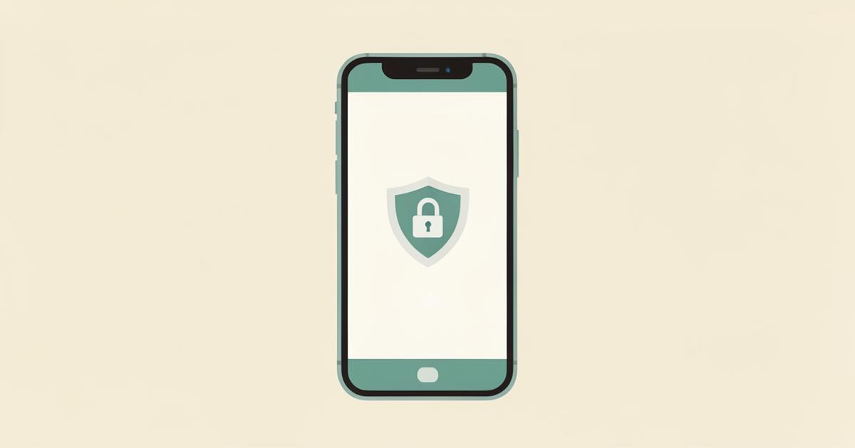 Flat illustration of a phone showing a budgeting app protected by a shield and padlock
