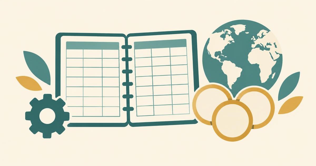 Flat editorial illustration of a grid notebook, cog, globe and blank coins, on a warm cream background with teal accents.