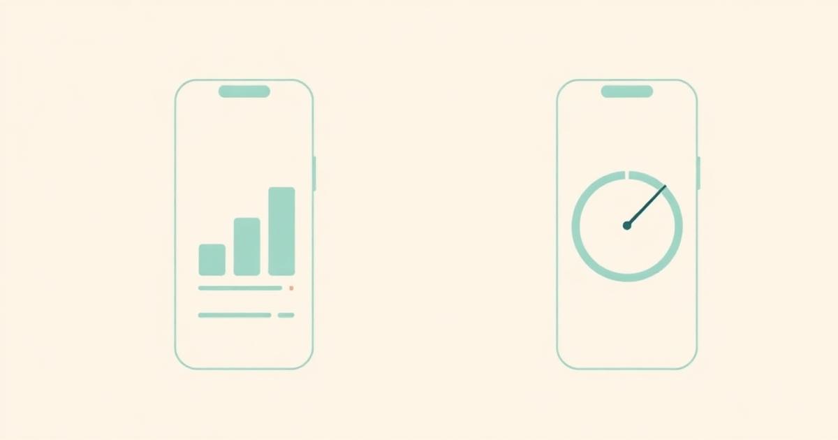 Flat editorial illustration of two phone screens side by side, one showing bars and one a gauge, on a warm cream background with teal accents.