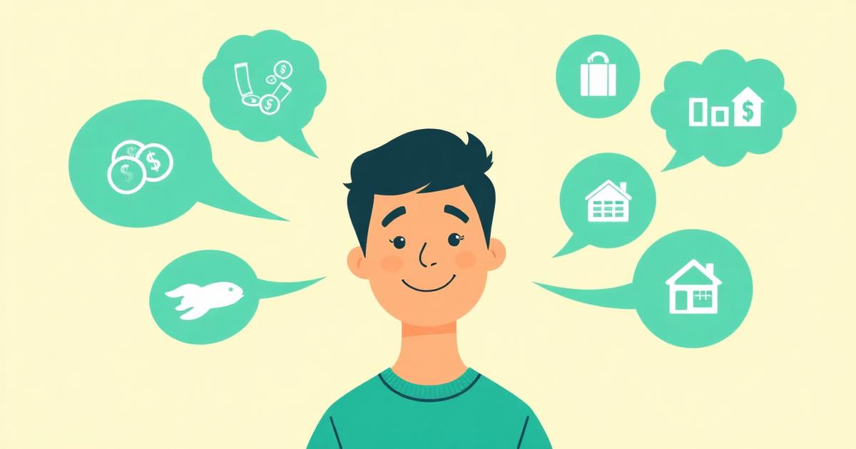 Flat editorial illustration of a person looking thoughtfully at a thought bubble filled with old money-related phrases, warm cream background with teal accents.