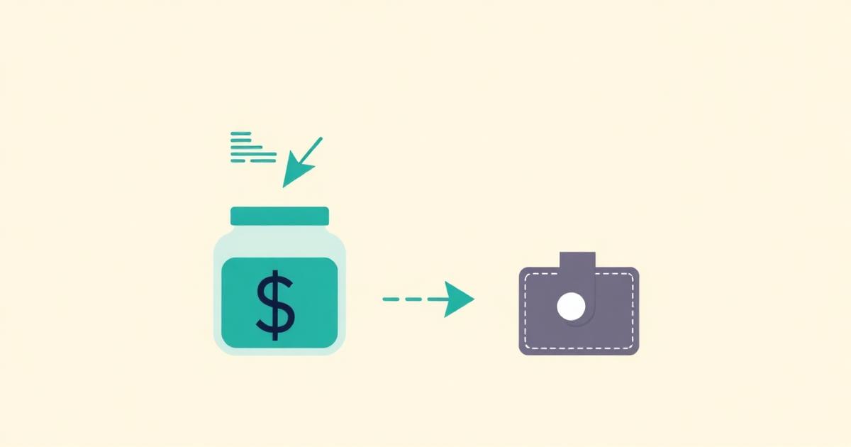 Flat illustration of a paycheck flowing into a savings jar first and a wallet second, on a warm neutral background.