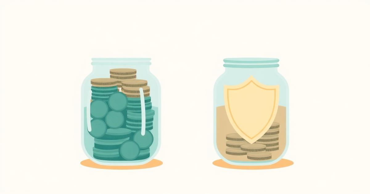 Flat illustration of two savings jars side by side, one stacked with coins and one behind a protective shield.