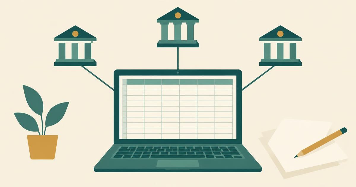Flat editorial illustration of a laptop spreadsheet connected to three banks, with a pencil and blank sheets, on a warm cream background with teal accents.