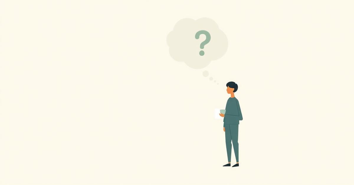 Flat editorial illustration of a person holding a coffee cup and receipt beneath a soft thought cloud, warm cream background with teal accents.