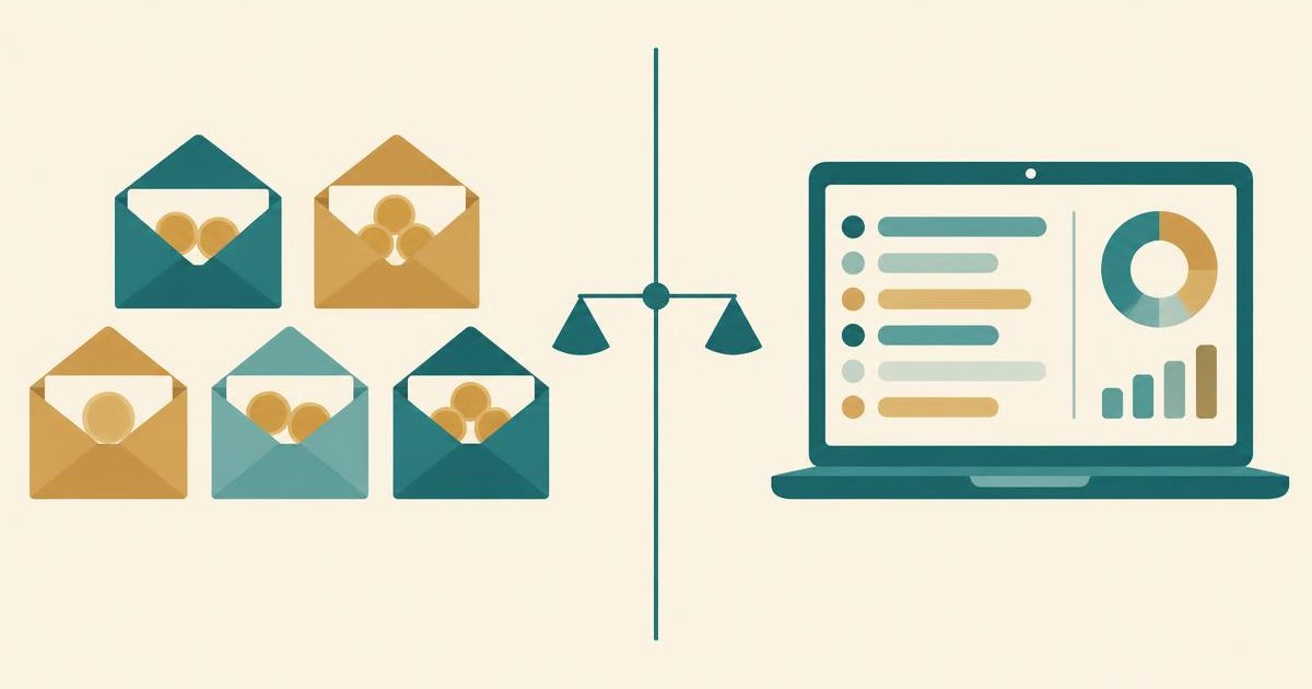 Flat editorial illustration of coin-filled envelopes and a laptop transaction view balanced on either side of a scale, on a warm cream background with teal accents.