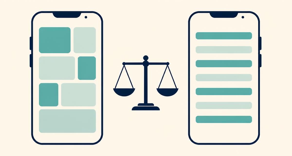 Flat editorial illustration of two phone screens side by side with a balance scale between them, on a warm cream background with teal accents.